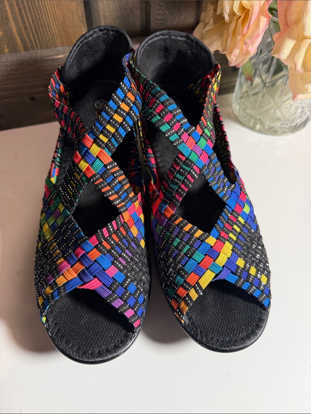 bernie mev. Black Multi-Color Woven Stretch Sandals